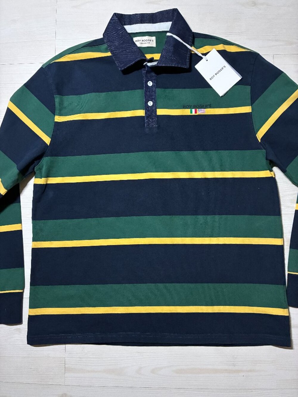 Roy Roger's Striped Rugby Polo Shirt Men's L Long Sleeve Navy Green Yellow NWT